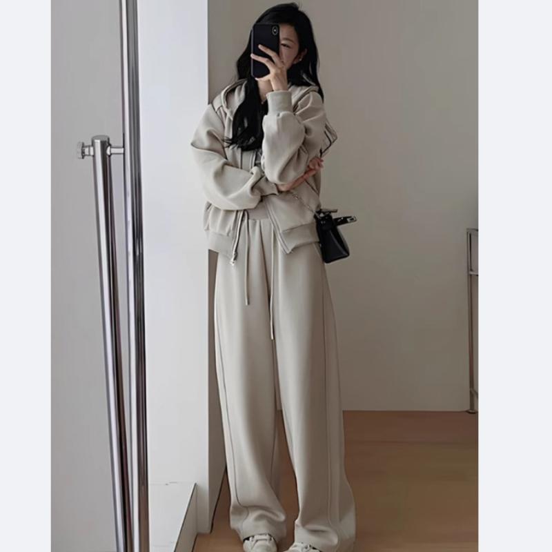 Women's Hoodie and Sweatpants Two Piece Set  Autumn Winter Solid Loose  Korean Fashion Y2k Zip Up Hoodie Sweatshirts