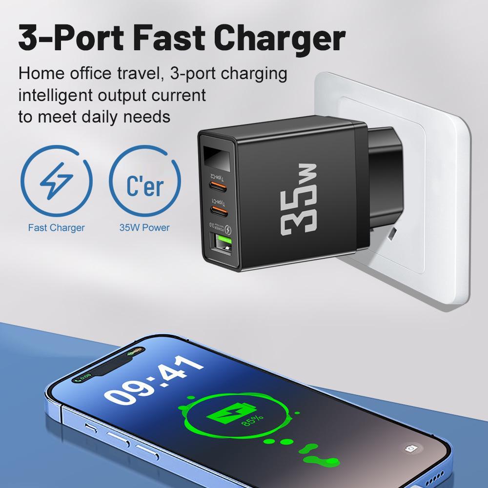 3.5A Smart USB + 2PD Digital Display Travel Charger for Mobile Phones