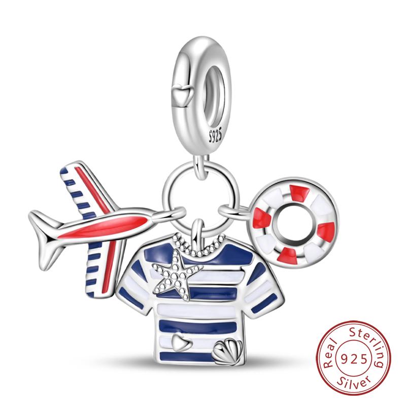 New Summer Day 925 Silver Seaside Sailboat Coconut Tree Sunglasses Camera Charms Beads Fit DIY Silver Bracelets Jewelry