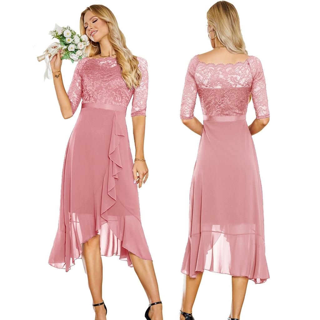Женские платья с открытыми плечами, цветочный кружевной топ, шифоновая юбка, рукава 3/4, пояс, выпускной вечер, подружка невесты, свадебный гость, коктейльное платье, свободное платье