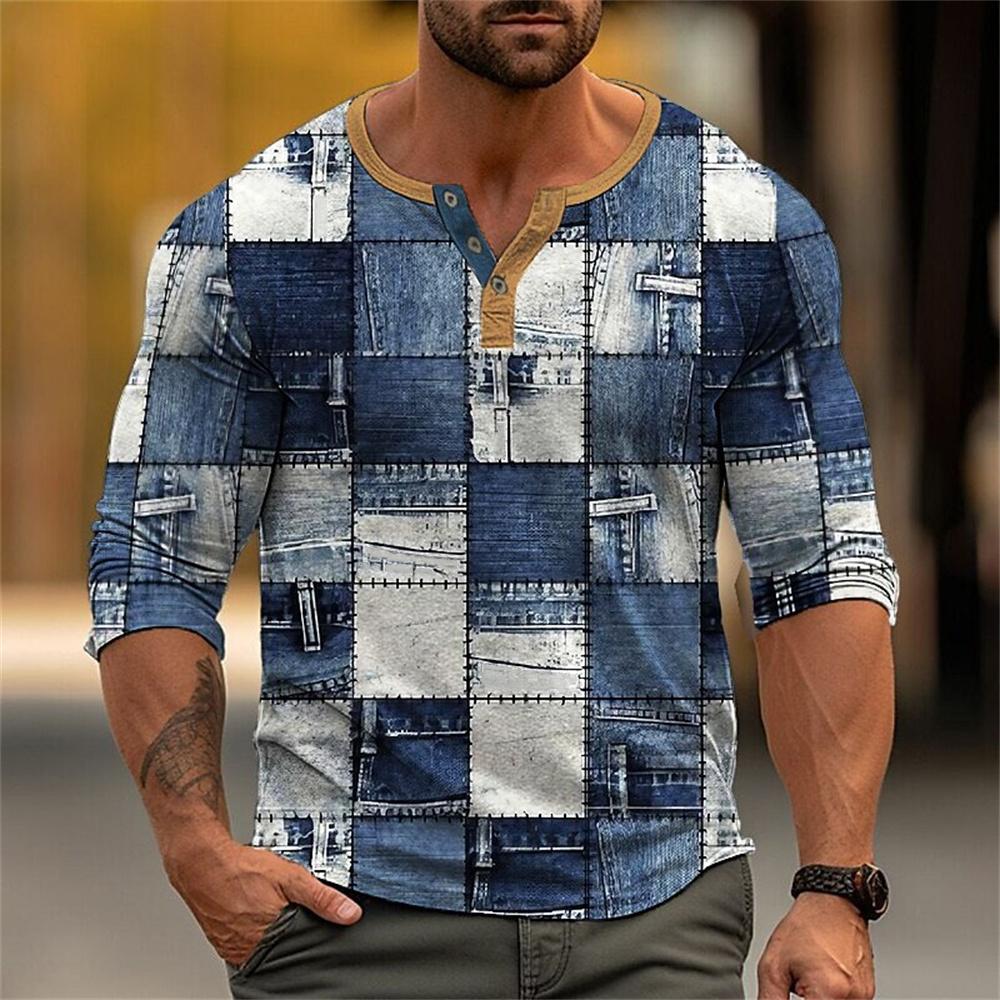 Осенняя рубашка-henley с блоками цвета и пэчворком, 3D-печать, мужская мода, винтажная, на пуговицах, с длинным рукавом, мужские футболки, топы, одежда