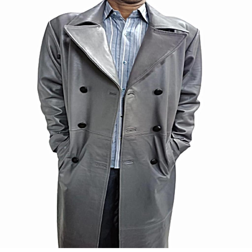 Мужская серая кожа из натуральной коровьей кожи, двубортный стиль, ремень воскового загара, длинная уличная одежда, плащ, длинный стильный плащ, подарок для мужчин