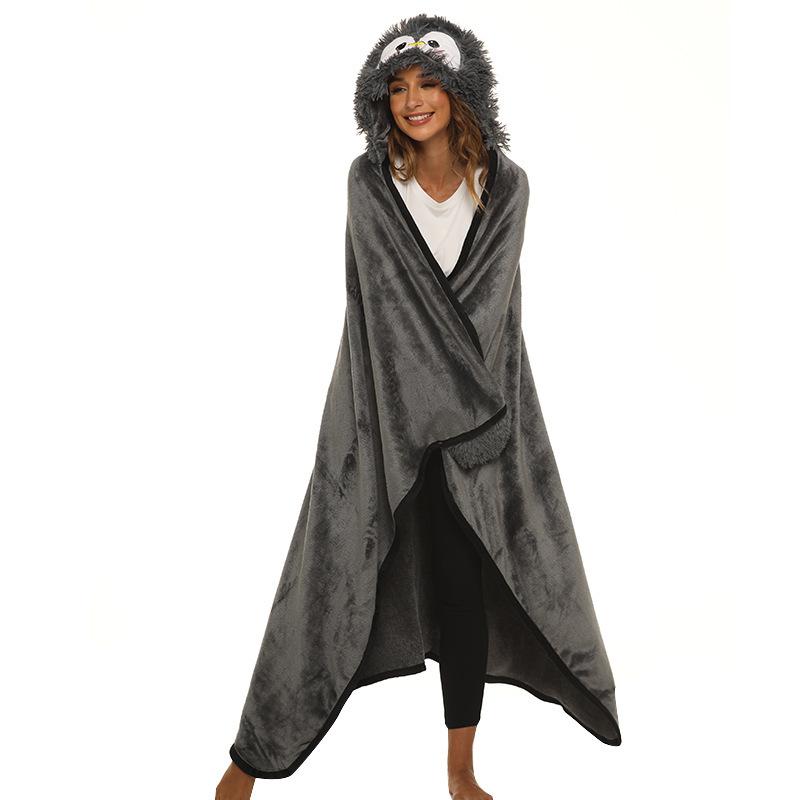Накидка с капюшоном, животное ленивец, пингвин, як, двустороннее одеяло с вышивкой из мультфильма, фланелевое одеяло, носимая теплая накидка, домашнее пальто