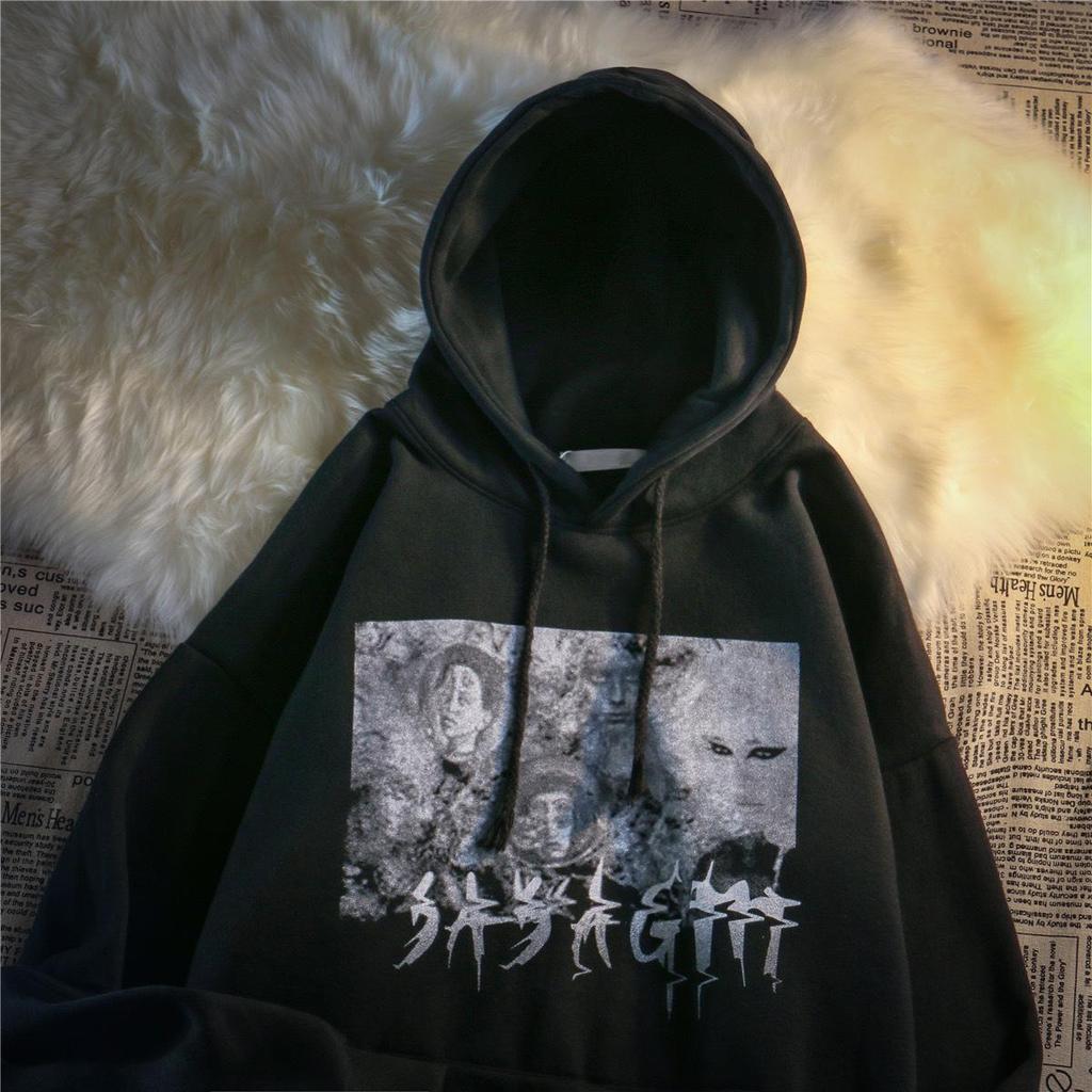 S~3XL Harajuku Gothic Hoodies Women Men Black Sweatwear Top Street Hip-hop Dark Black Hooded Sweater Women Thin Loose Long Sleeved Top
