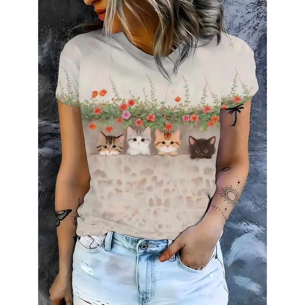 Женская футболка с принтом кошки, оверсайз, свободного кроя, повседневная, модная и универсальная