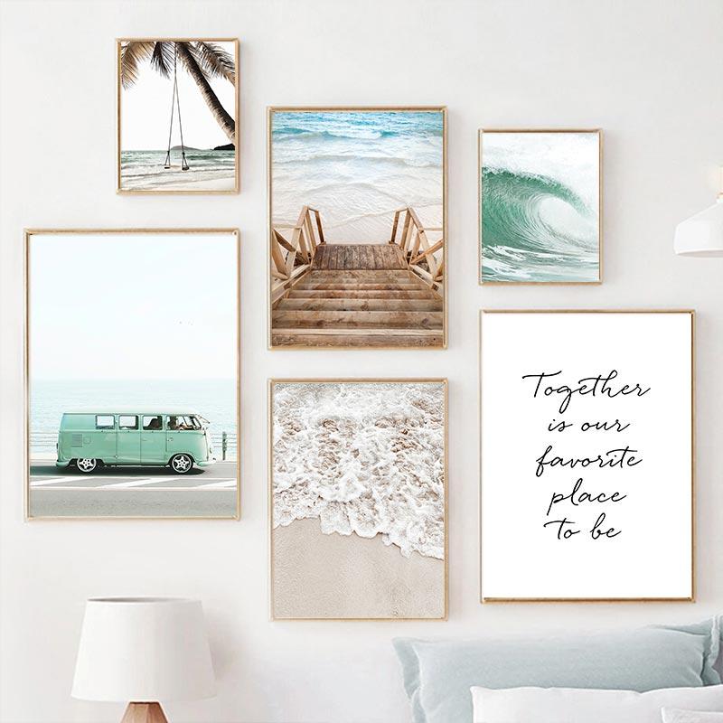 Тропическое море пляжные волны постер кокосовая пальма мост грузовик холст живопись скандинавское настенное искусство картины для гостиной домашний декор