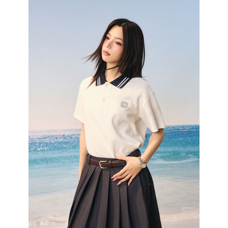 HACR Women Harshandcruel Korean Style High JGG Miu Style Embroider Color Matching Texture Half Cardigan Short-Sleeve Polo Shirt