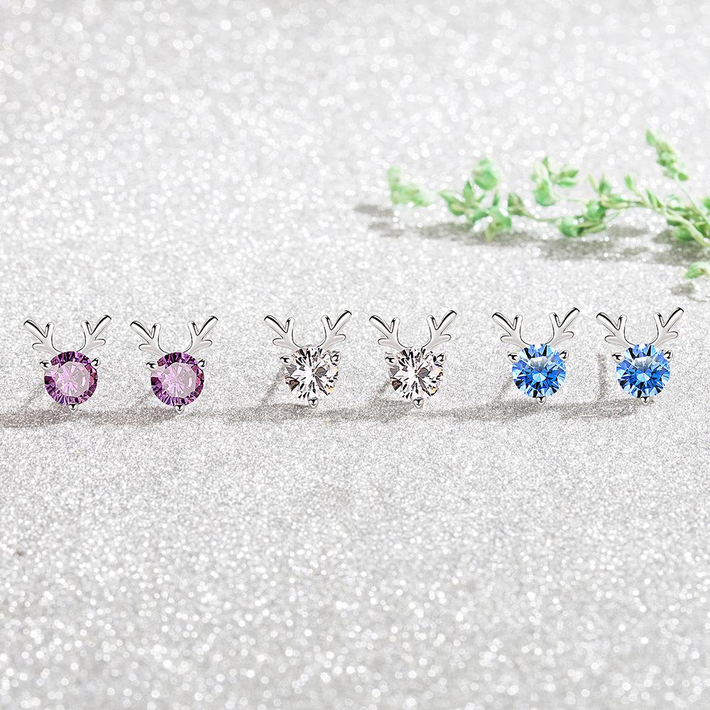 Маленькие прозрачные серьги с рогами для девочек с синим цирконом