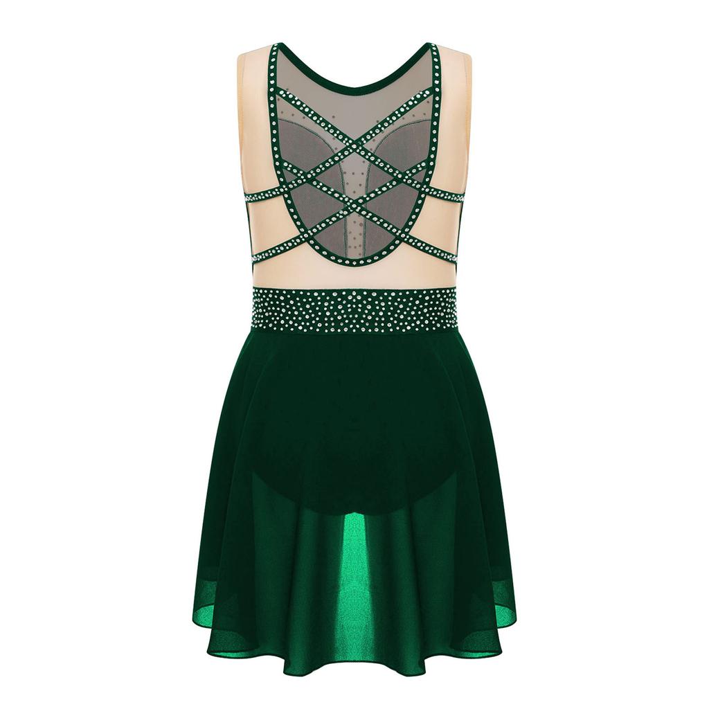 Лирический танцевальный купальник для девочек, блестящие стразы, перекрещивающиеся сзади, U-образный вырез, юбка