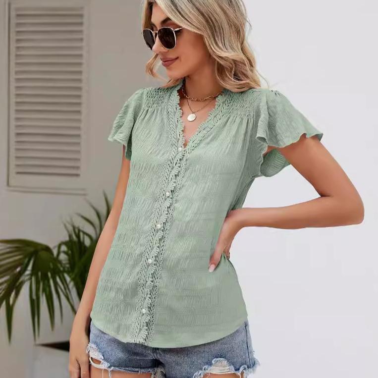 Short Sleeved Cardigan Top Women's Lace Trim V-Neck Flutter Sleeve Blouse