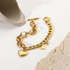 Two-Tone Heart & Zircon Pendant Cuban Chain Bracelet, Oval Links, OT Clasp, 18K Gold Plated Stainless Steel.