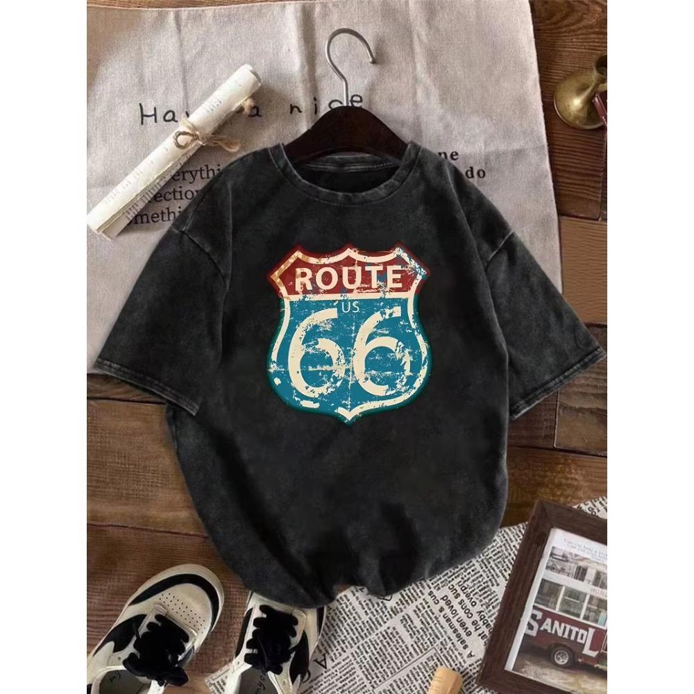 Retro Route 66 Road Trip Graphic T-Shirt Loose Fit Summer Everyday & Travel Retro Washed T Shirts Daily Wear Cool Top