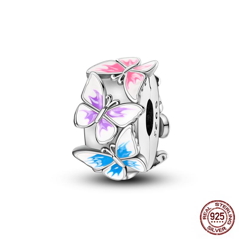 Round 925 Copper Clasp Pave Clip Charms Blue Star Moon Butterfly Slide Safety Chains Spacer Beads Fits Original Bracelet Zircon