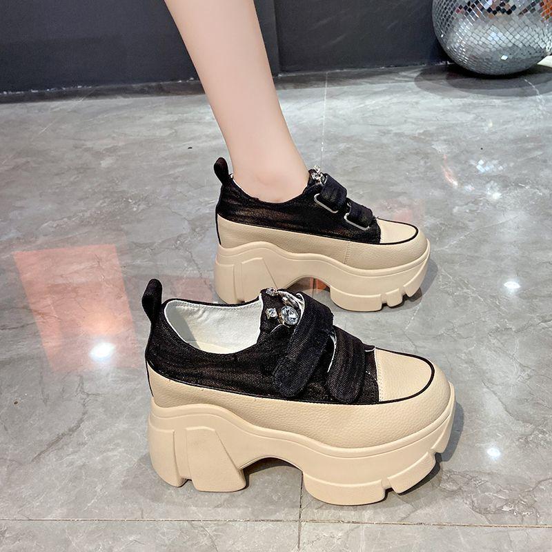 Height Increasing Insole Dad Shoes Women's Autumn New Denim Vintage Velcro Rhinestone Platform Platform Casual Shoes
