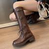 Новые осенние винтажные сапоги 2025 года Женские ковбойские сапоги в западном стиле Дизайнерские сапоги на среднем каблуке Слипоны Длинные кожаные сапоги-рыцари Кавалерийские сапоги