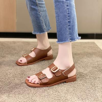 2024 Новые летние женские сандалии с квадратным носком и пряжкой, модные туфли с открытым носком для вечеринок, повседневная женская обувь, повседневная обувь на плоской подошве