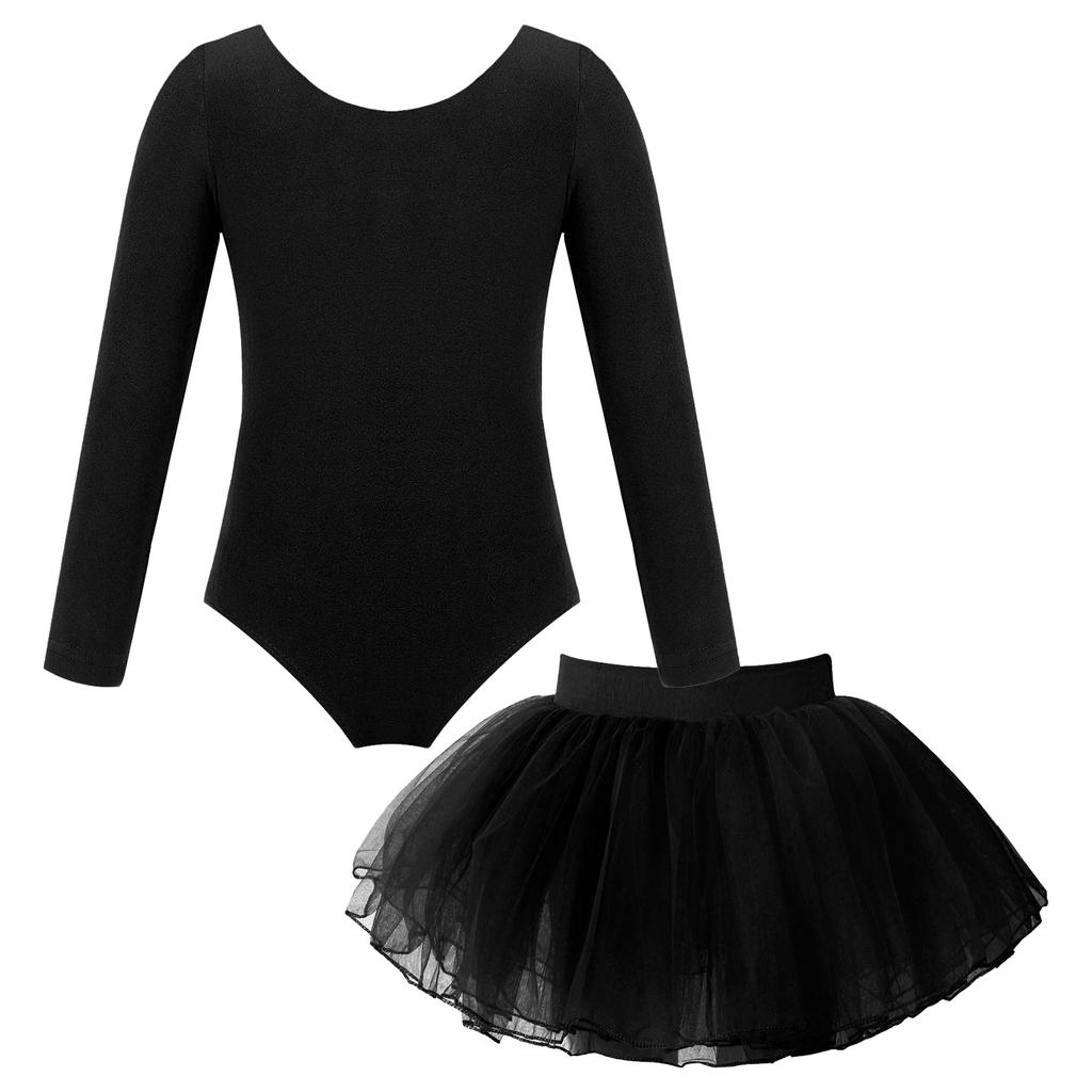 Girls Ballet Dance Wear Long Sleeve Round Neck Leotard Elastic Waist Tutu Layered Skirt Performance Outfit