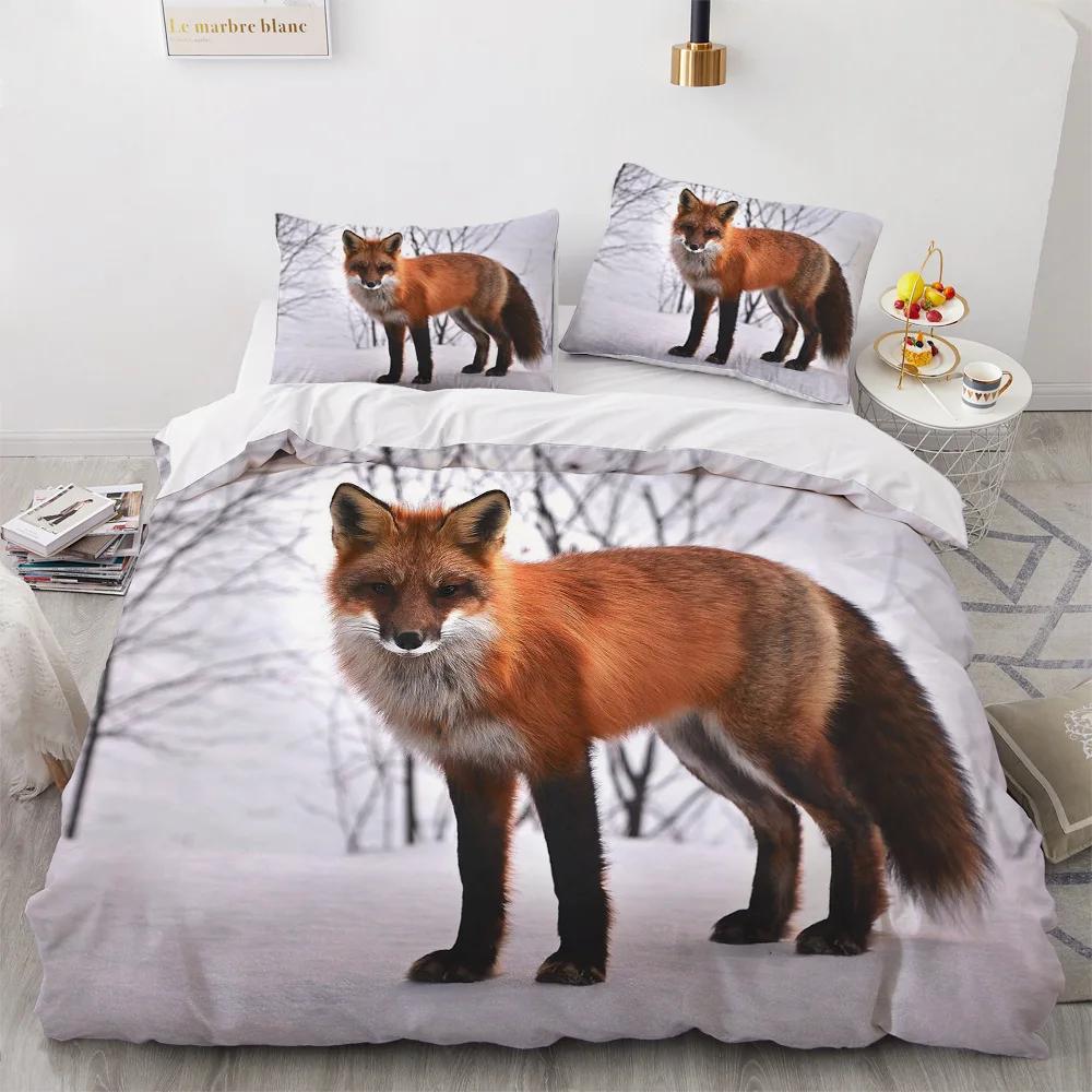 3D Print Snow Pet Cat,Wolf, Fox,Hedgehog Double Single Bedding Set For Kids Winter Duvet Cover Sets Home Housse De Couette 2024