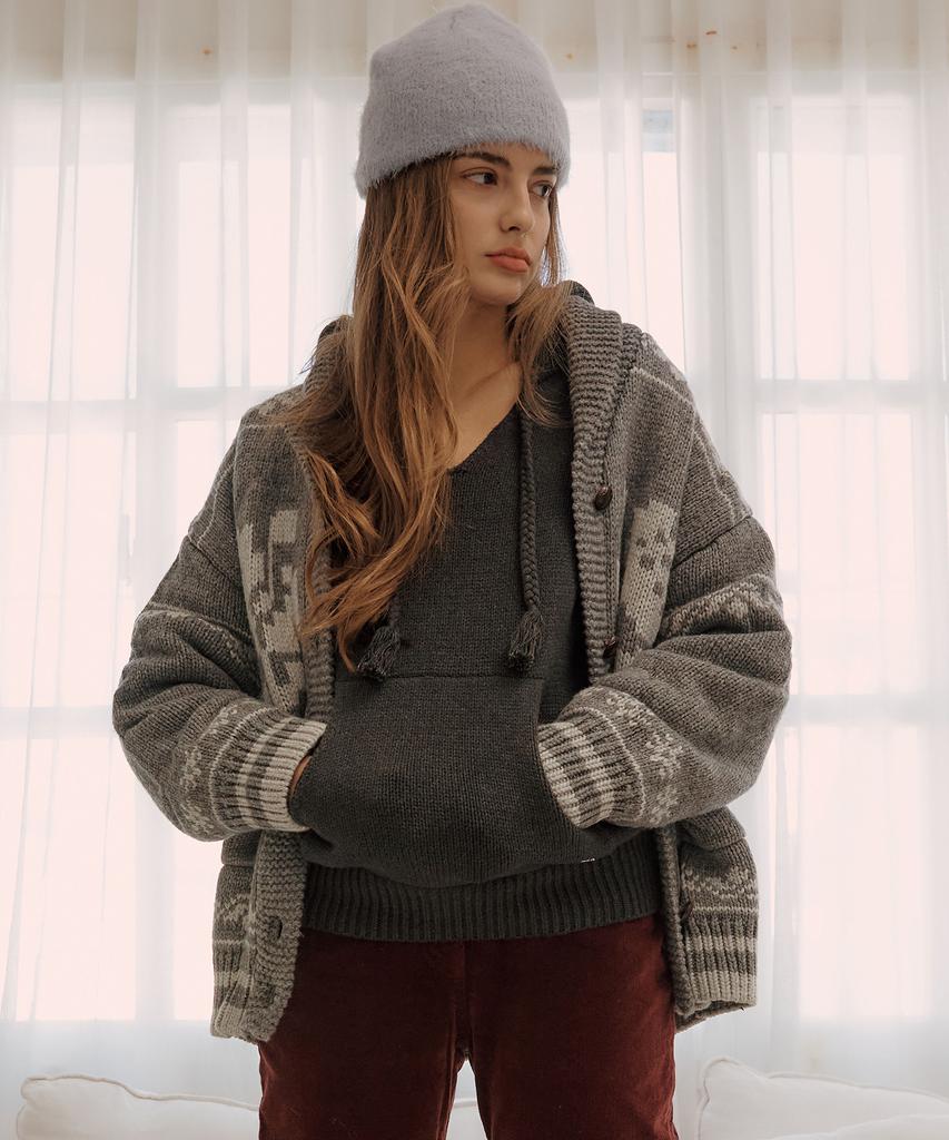 PLAC WOMEN V-Neck Hooded Knit Charcoal