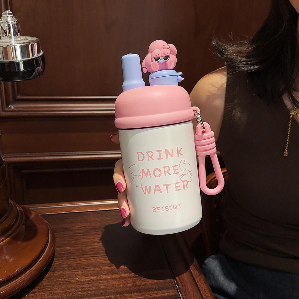 Cartoon Student Insulated Bottle With Straw And Tea Strainer For School And Home Use