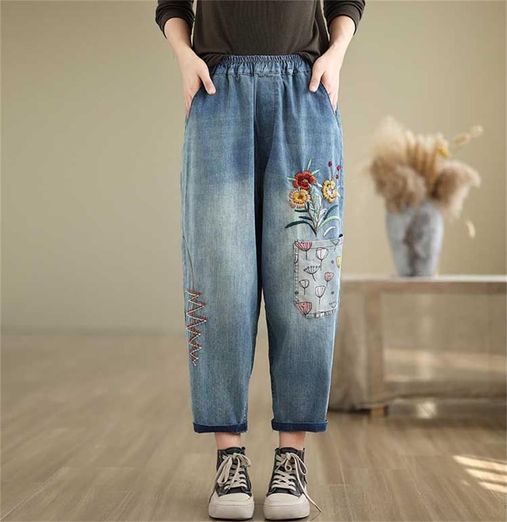 ZHENGTU Denim Gaucho Sarouel Loose Elastic Floral High Cute Women's Pants, Jeans, Fit, Waist, Embroidery, Waist, Flattering, Casual, (Blue, XL, XL)