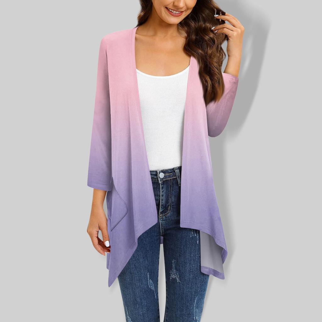 Женский кардиган неправильной формы с градиентным принтом и рукавами три четверти, куртка с карманами