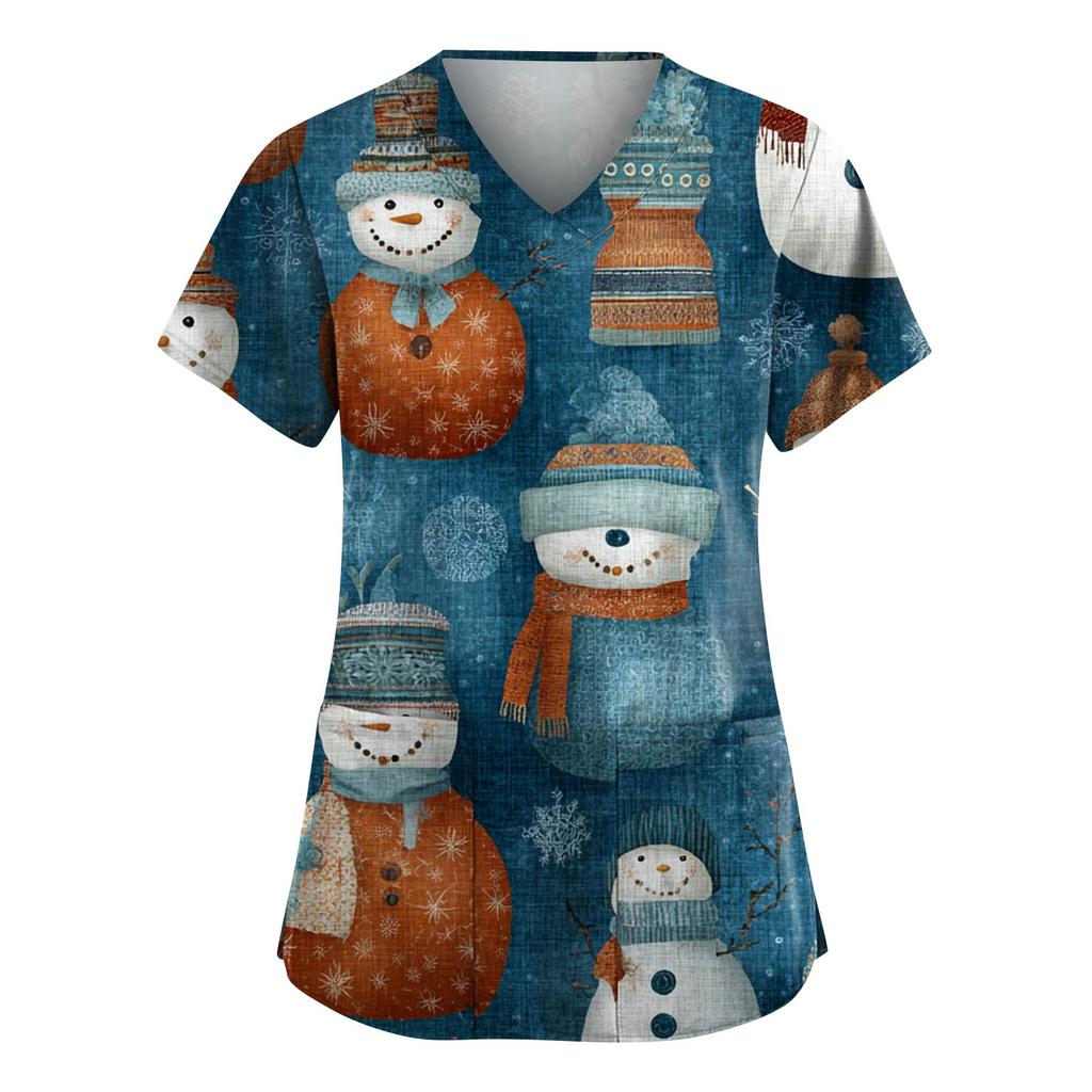 Women's Fashion V-Neck Short-Sleeved Workwear With Pockets Christmas Print Top Caregiver Uniform