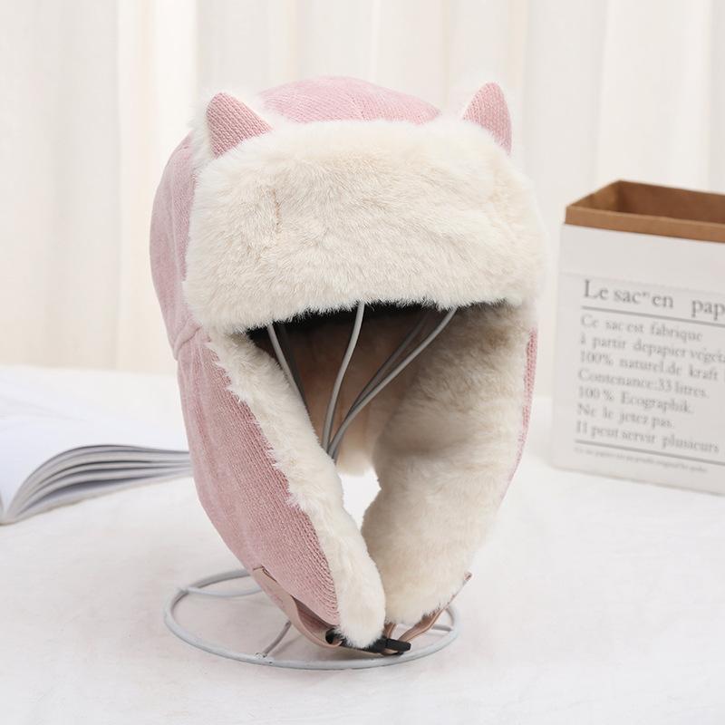 Female Winter Cat's Ears (Steamed Cat-ear Shaped Bread) Lei Feng Hat Plush Thickened Warm Hat Windproof Outdoor Riding Ear Cap