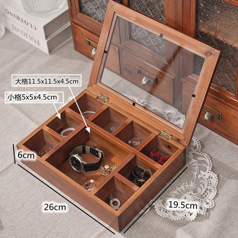 12/9 Grid Retro Solid Wood Jewelry Box, Wooden Jewelry and Cultural Toys Grid Storage Box with Glass Cover Jewelry Organizer