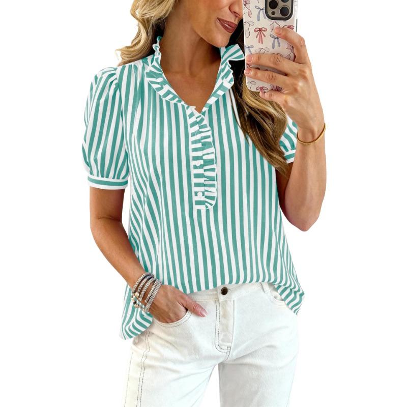 Womens Striped Ruffle V Neck Puff Sleeve Blouse
