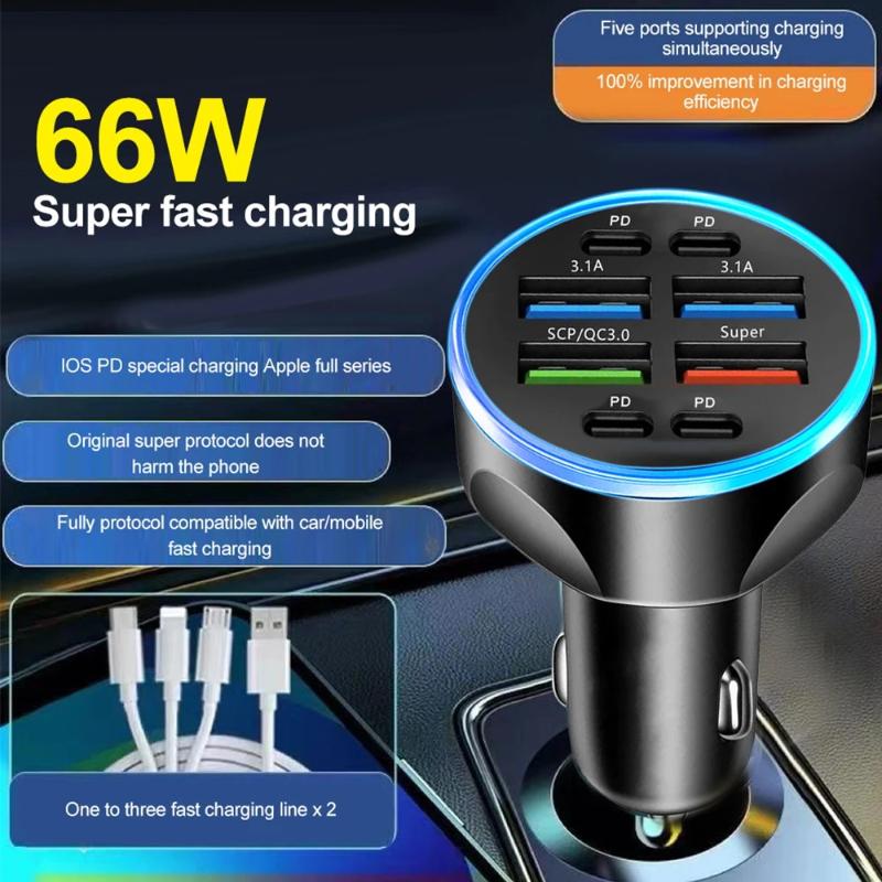Fast Charging 8 Port Car Charger 100W PD QC30 USB C Power Adapter for Long Distance Travel