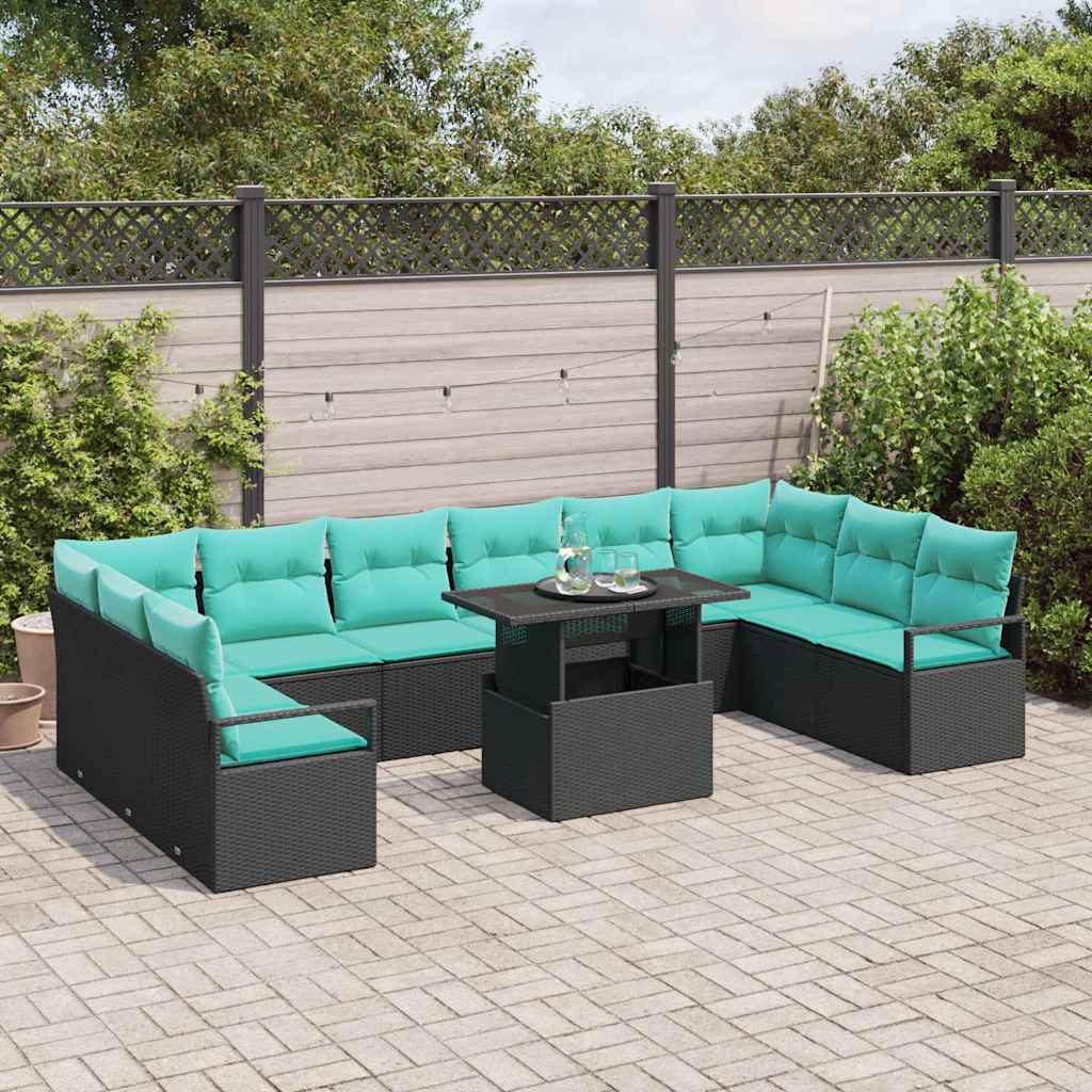 Garden Sofa Set with Cushions 11 pcs Black and Blue Poly Rattan