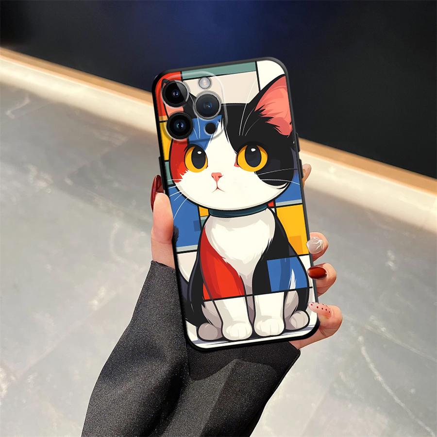 Черный Мягкий Чехол для Телефона для iPhone 17Air XS Max XR 7 8 15 16 14 Plus 13 12 11 17 Pro Max Мультяшный Кот
