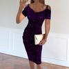 Women Party Dress Shiny V Neck Off Shoulder Short Sleeves Slim Fit Dress-up Knee Length Soft Spring Prom Dress Women Garment
