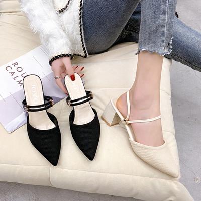Остроконечные туфли на толстом каблуке, средний каблук, классные тапочки, полуботинки, женские, лето 2025, новая верхняя одежда из ткани