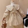 Girls Spring and Autumn Solid Color Long Sleeve Coat Waisted Doll Collar Jacket