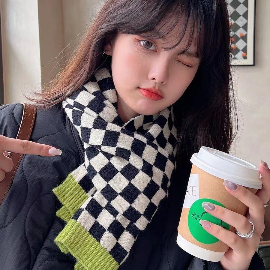 New Korean Style Checkerboard Scarf for Women Trendy Cotton Warm Thickened Scarf for Men Winter