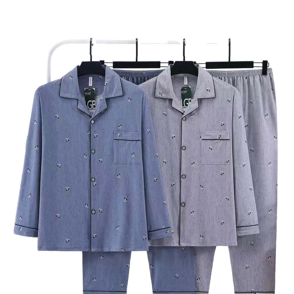 Мужской хлопковый пижамный комплект с лайкрой "Павильон Дракона" Четыре Сезона: Отложной воротник, Длинный рукав, Свободный крой