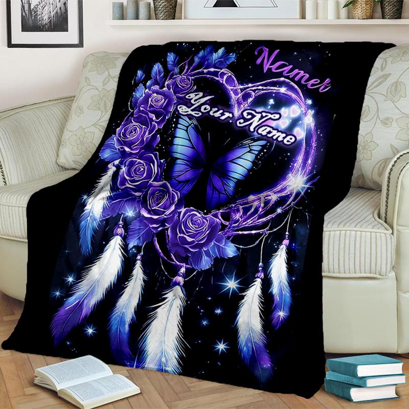 1PC Custom Name Purple Heart Dreamcatcher flannel blanket versatile,all-season throw suitable for the living room,bedroom,camping,travel,and gift