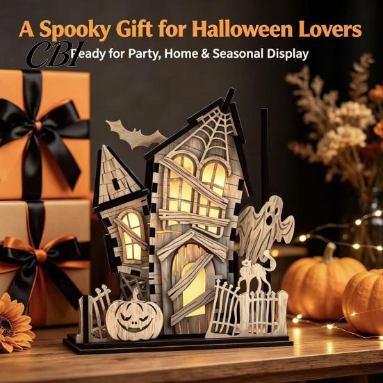 Spooky Festival Interior Furnishing 3D Halloween Village Haunted House Figurine, Light Up Wooden Castle Ornament Assembled Model with Ghost