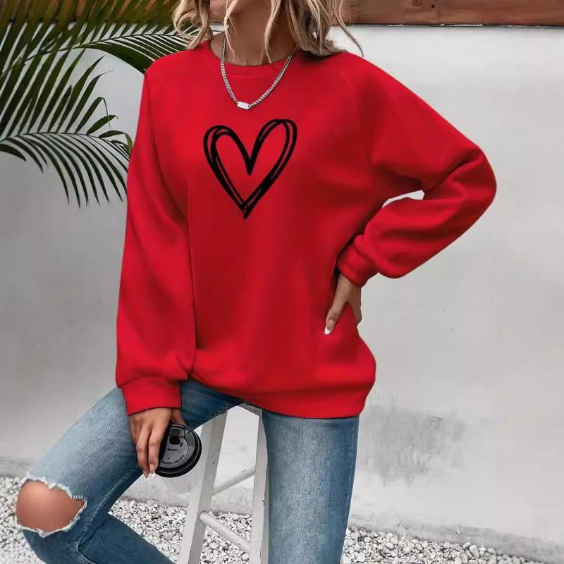 Heart Print Crew Neck Long Sleeve Fleece Sweatshirt for Women - 2025 Collection