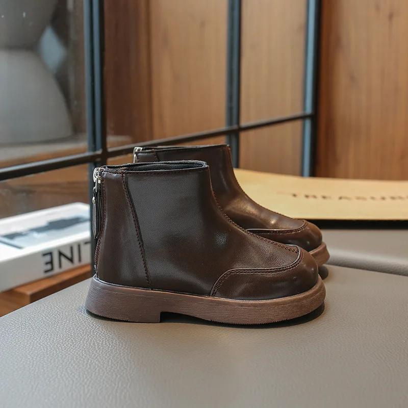 New Children Platform Ankle Boots Solid Color Causal Girls Spring Autumn Leather Boots Fashion Versatile Kids Black Short Boots