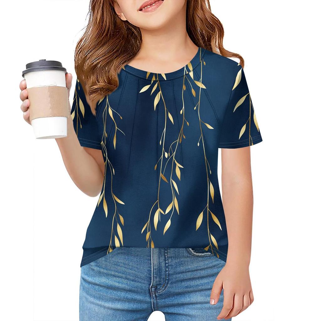 Детская футболка Fold A для девочек, летняя модная куртка с круглым воротником и цветочным принтом с короткими рукавами