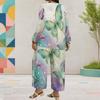 Women Plus Size Butterfly Printed Two Piece Set Round Neck Long Sleeve Layered Top Wide Leg Cropped Pants