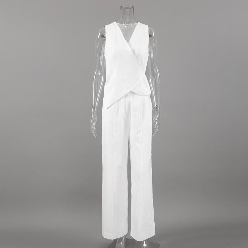 French Style White Linen Cotton Vest Set Women Office Work Two Piece Outfit