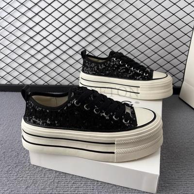 Женская обувь с блестками на толстой подошве, вулканизированная обувь, весенняя обувь на шнуровке, дышащая женская обувь с низким верхом, нескользящая женская спортивная обувь