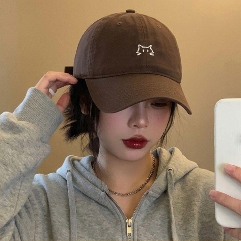 Washed Cotton Baseball Cap Cat Embroidery Sunshade Hat Vintage Peaked Cap For Men Women