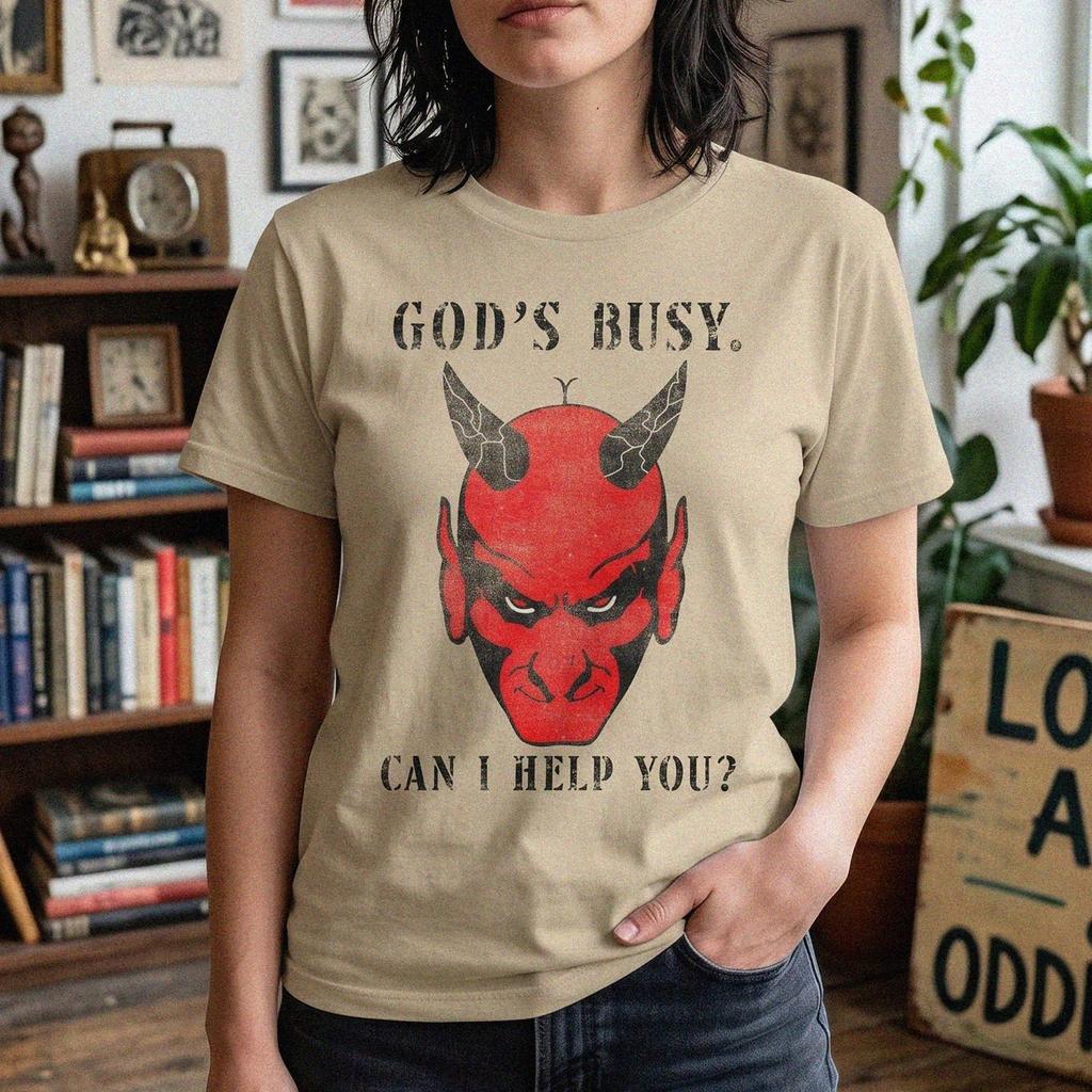 God's Busy Devil Graphic Tee, Sarcastic Horror Shirt, Retro Dark Humor