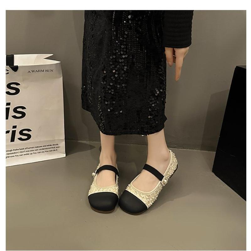 Fashion Women's Flat Shoes Black Round Toe Sequins Ladies Footwear Low Heel Elegant Slip On 2025 Summer Fashionable Korean Style Popular