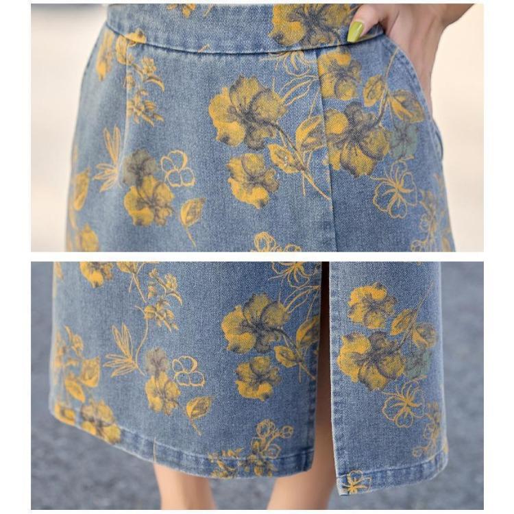 Fashion Chinese Style Denim Skirt Set Women Summer Floral Print Two Piece Outfit with Knot Buttons